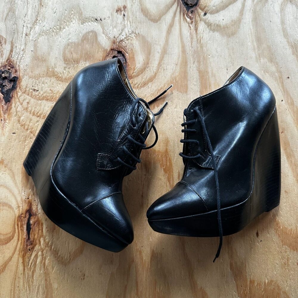 Report Signature Black Leather Platform Wedge Oxford Booties - Women's Size 7.5